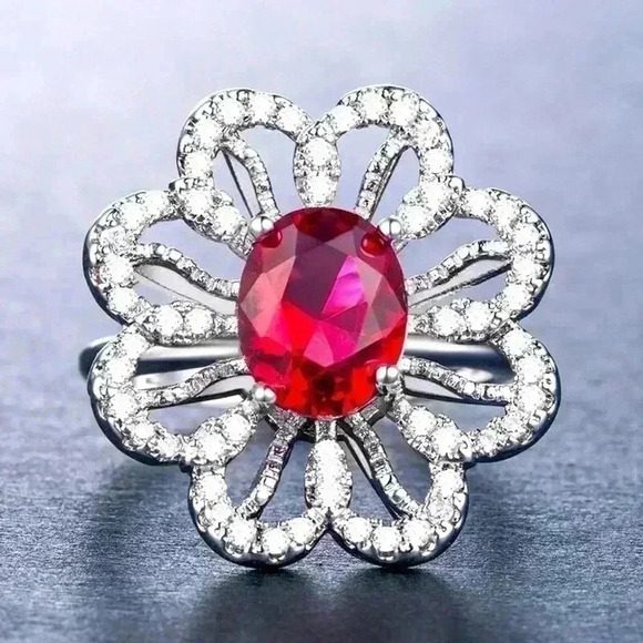 New 14k Gold Over Sterling Silver Ruby Diamond Flower Ring - Picture 4 of 4